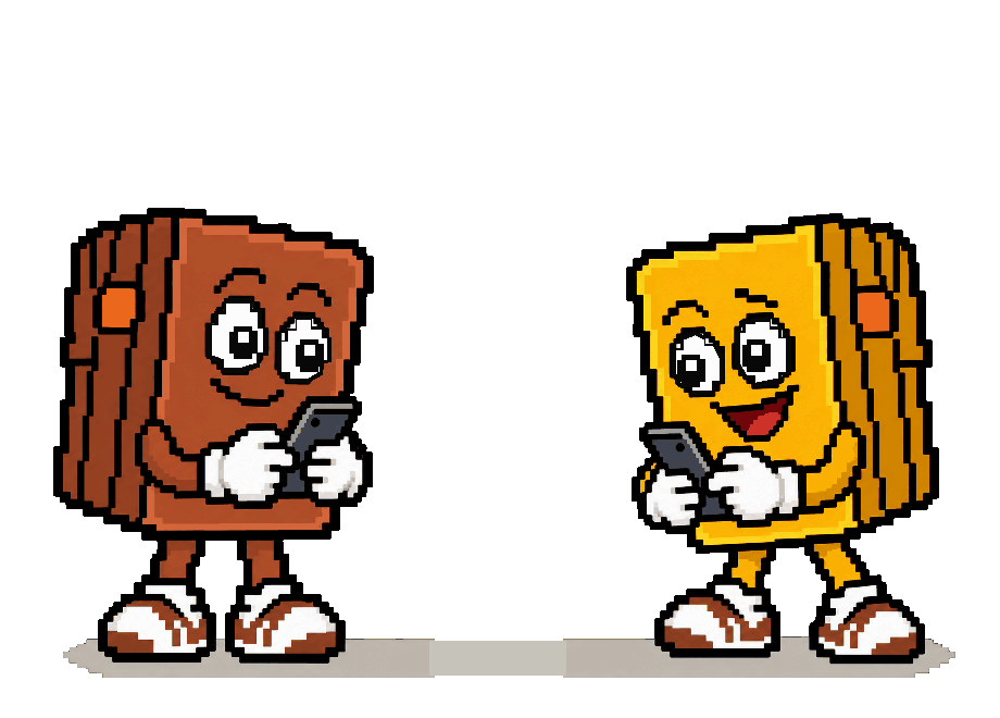 Two cartoon binders, one brown and one yellow, each trading on a phone.
