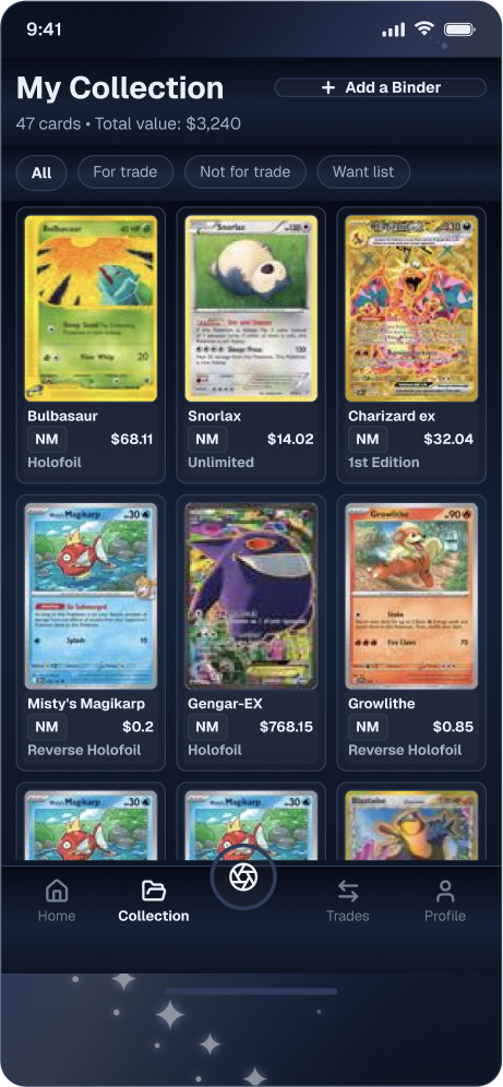 My Collection: 47 cards with a total value of $3,240, filters for All, For trade, Not for trade and Want list, an Add a Binder button, and a grid of cards each showing its condition, price and finish.
